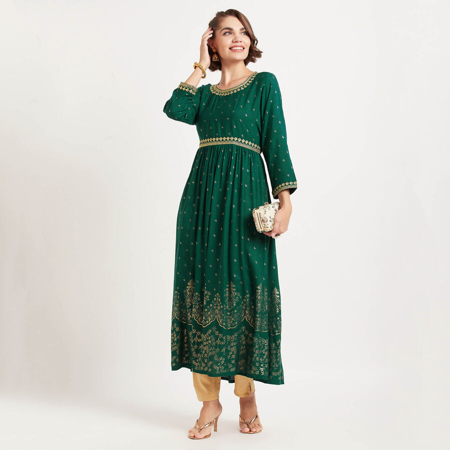 3/4Th Sleeves Flared Kurta, Dark Green, large image number null