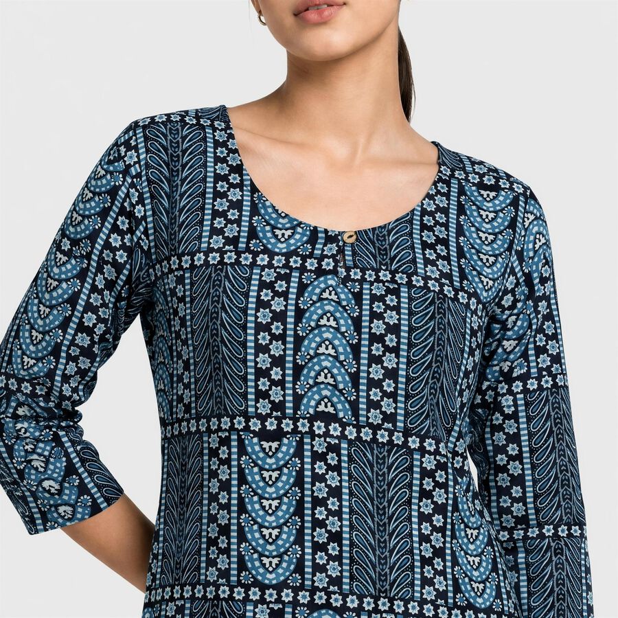 Women's Navy Blue Scoop Neck Printed Straight Kurti, Dark Blue, large