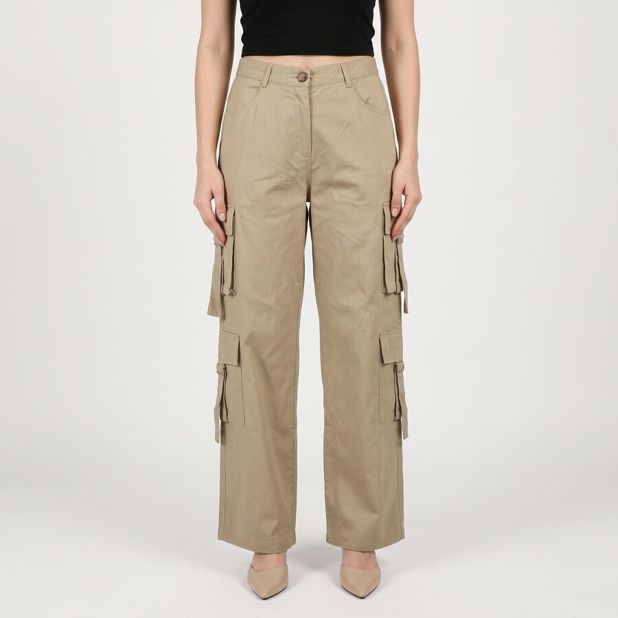 Women's Beige Straight Fit Cargo Trousers, Beige, large