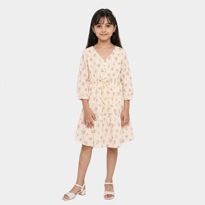 Girls' Off White V-Neck Tiered Dress