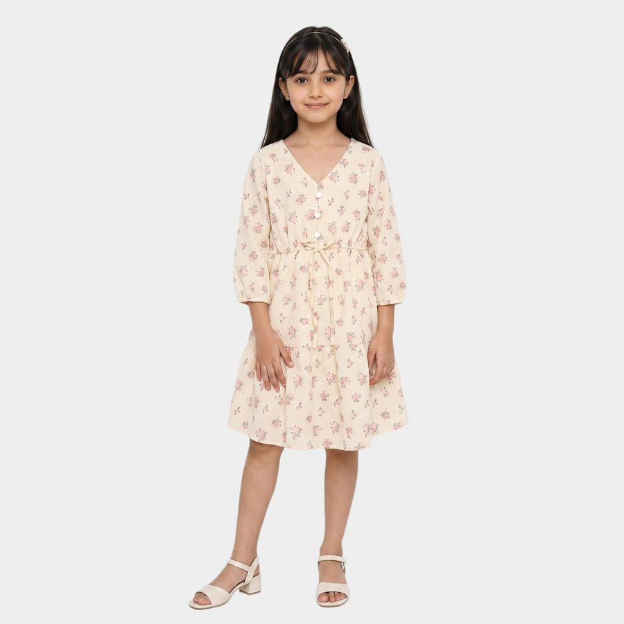Girls' Off White V-Neck Tiered Dress, ऑफ व्हाइट, large