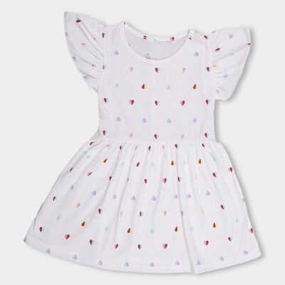 Girls' White Heart Printed Ruffled Sleeve A-Line Frock