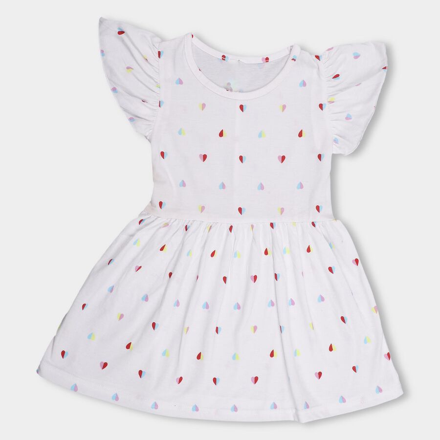 Girls' White Heart Printed Ruffled Sleeve A-Line Frock, Off White, large image number null
