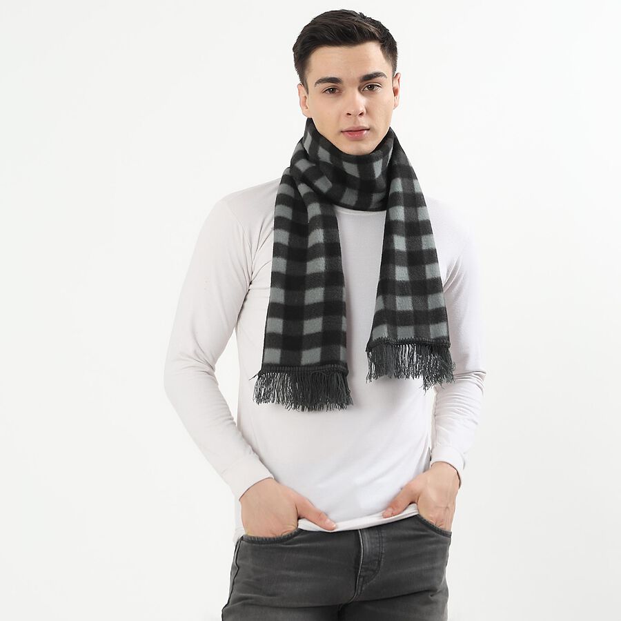 Men's Dark Charcoal Black and Muted Grey Checkered Muffler, Dark Grey, large image number null