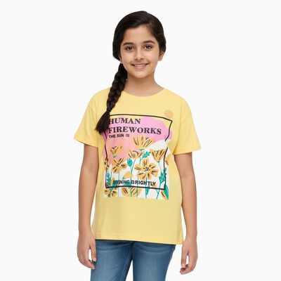 Girls Bright Yellow Cotton Round Neck Casual T-Shirt