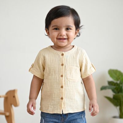 Infants Beige Cotton Round Neck Regular Fit Shirt