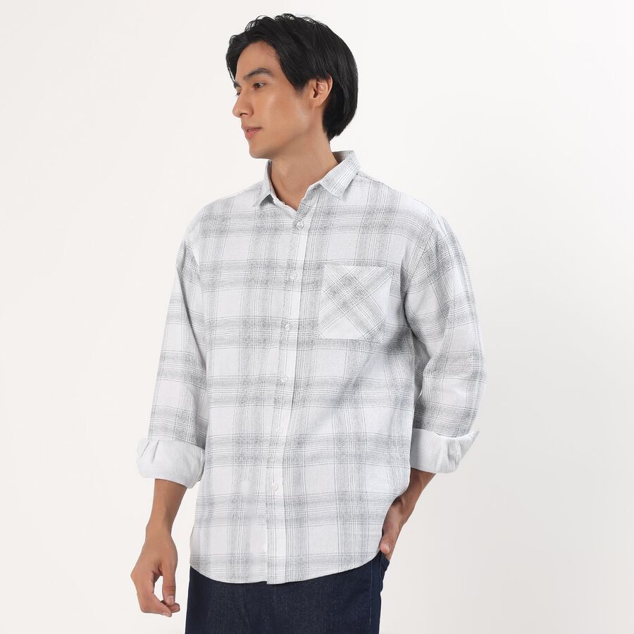 Men's White Cotton Full Sleeve Classic Collar Checkered Shirt, Off White, large