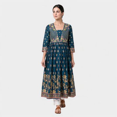 Women's Navy Blue Square Neck Embroidered Kurta