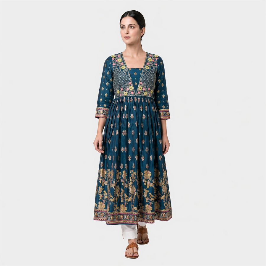 Women's Navy Blue Square Neck Embroidered Kurta, Navy Blue, large