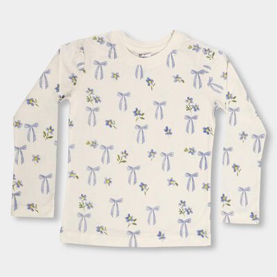 Girls' Off White Cotton Round Neck Casual Top