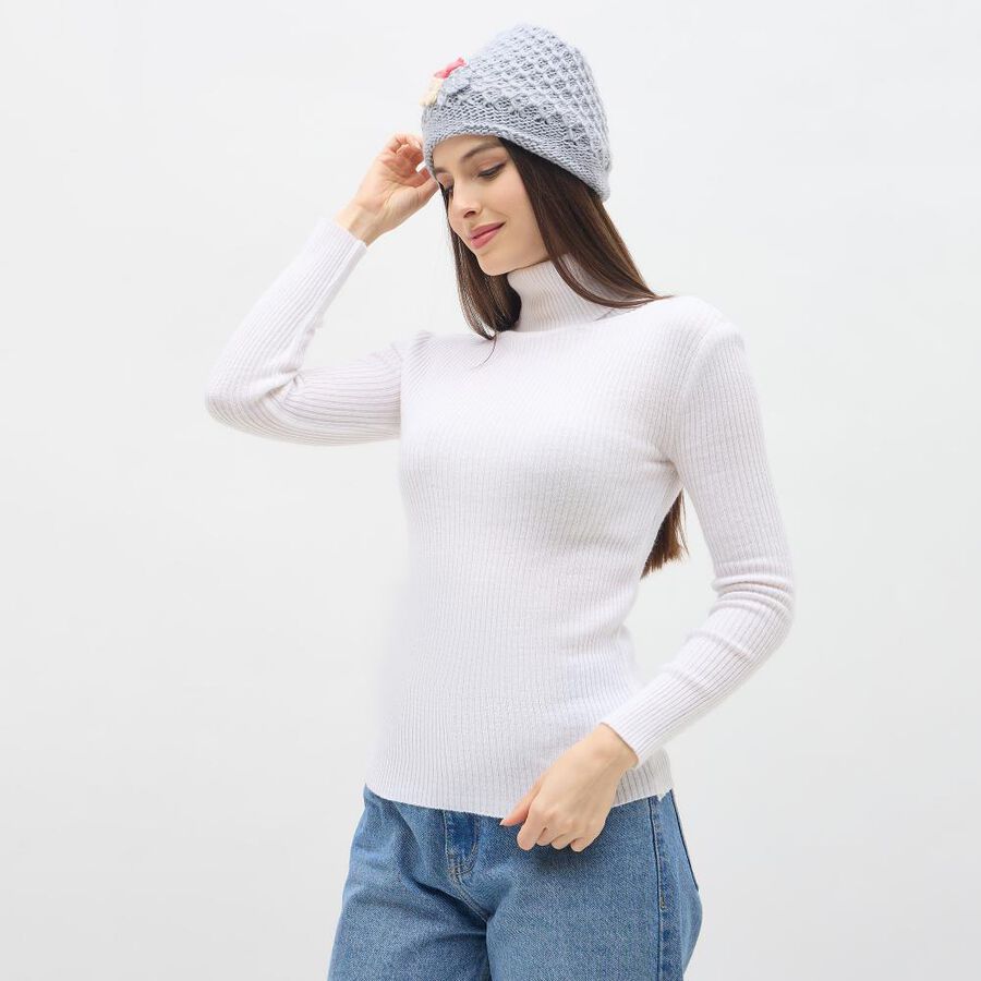 Women's Light Grey Floral Embellished Knitted Beanie Cap, हल्का ग्रे, large image number null