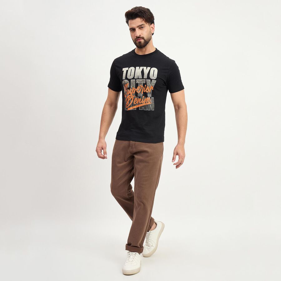 Men's Black Cotton Round Neck Classic T-Shirt, Black, large