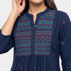Women's Blue Cotton Mandarin Collar Printed Kurta, Navy Blue, small
