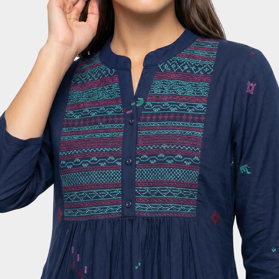 Women's Blue Cotton Mandarin Collar Printed Kurta, Navy Blue, large