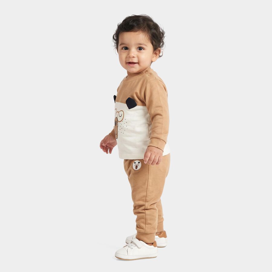 Infants' Beige 100% Cotton Round Neck Graphic Print Baba Suit, गहरा पीला, large