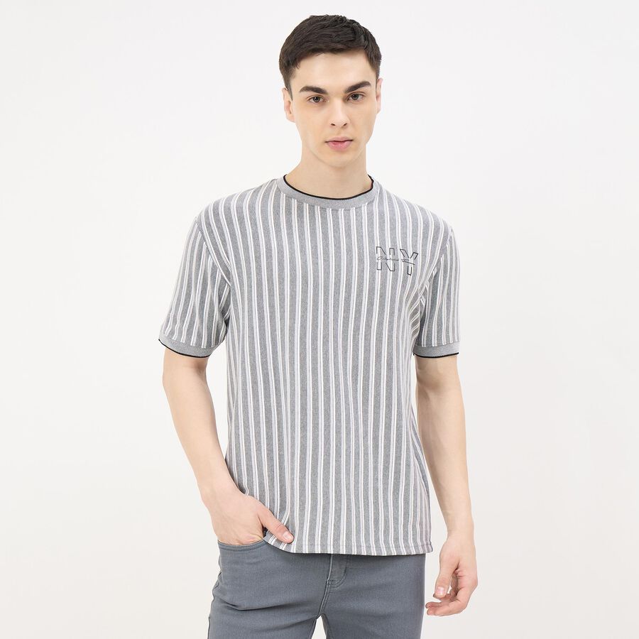 Men's Grey Round Neck Graphic Print T-Shirt, Light Grey, large