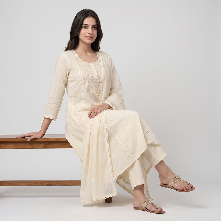 Women's Cream Cotton Embellished Kurta Set Ethnic Set, ऑफ व्हाइट, large