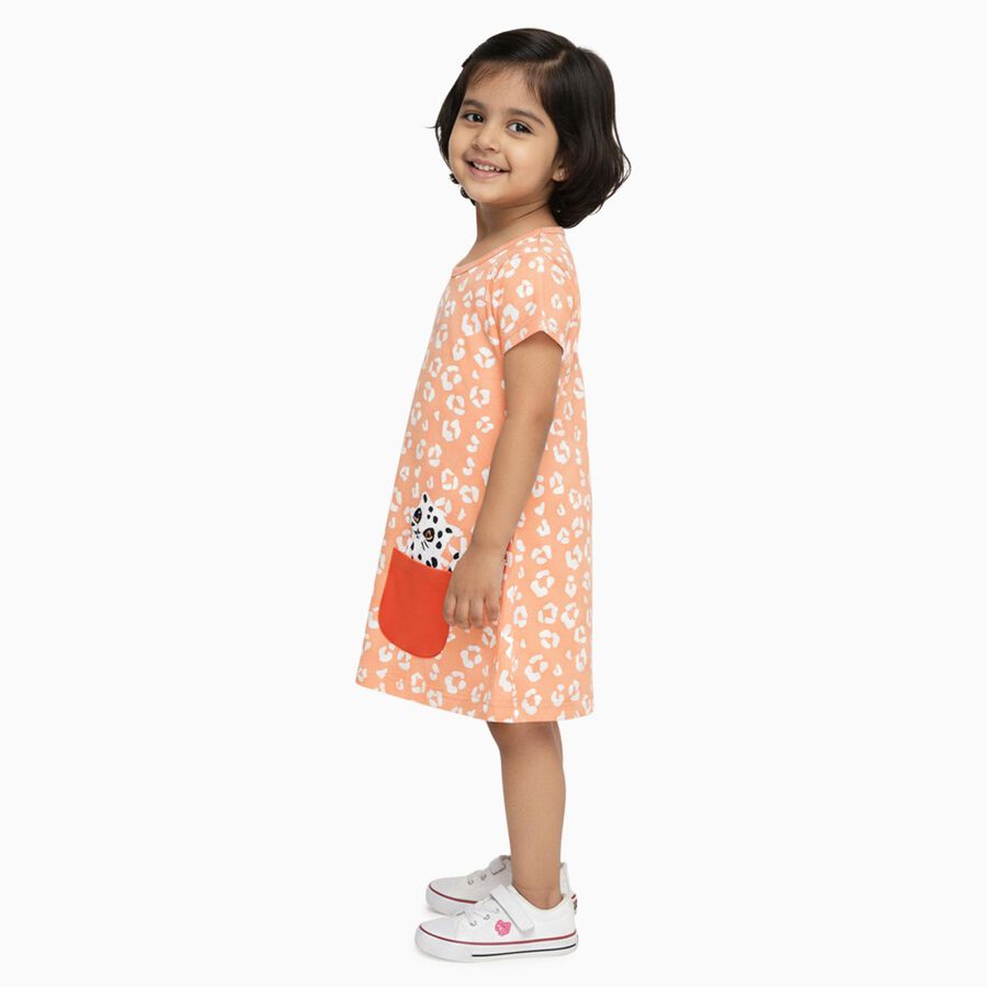 Girls' Peach Animal Print A-Line Frock with Patch Pockets, Light Pink, large