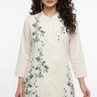 Women's Dark Blue Mandarin Collar Floral Printed Straight Kurta, Dark Blue, small