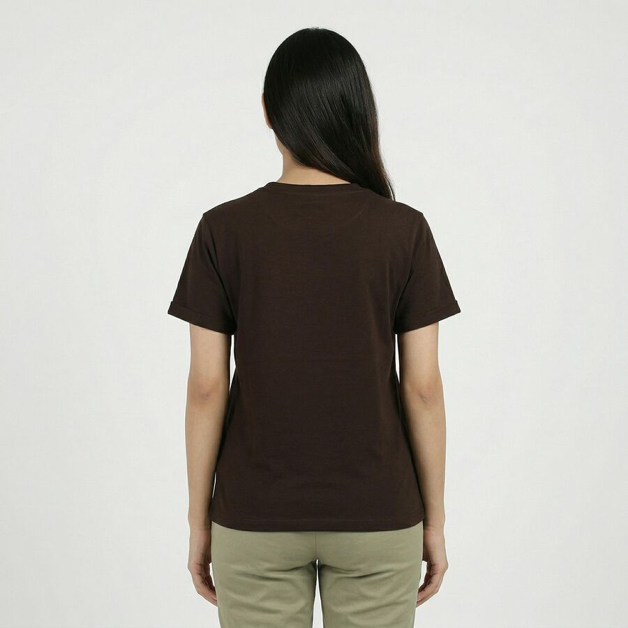 Women's Brown Round Neck Casual T-Shirt, Brown, large