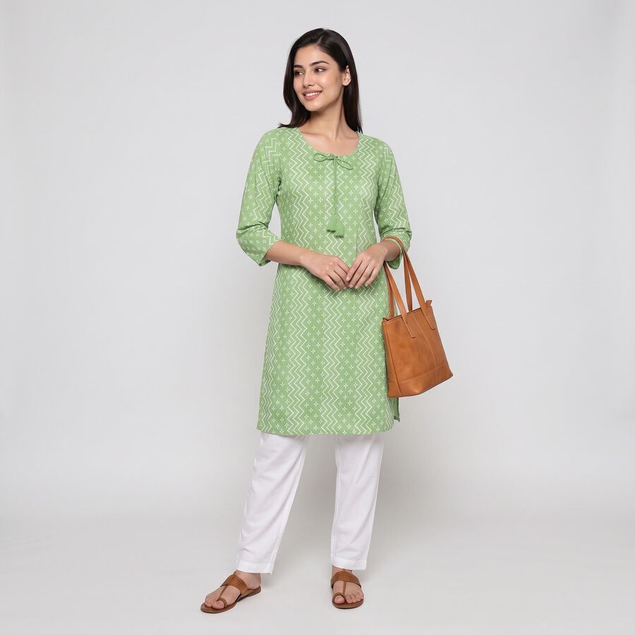 Women's Green Round Neck Tie-Up Printed Kurta, Light Green, large