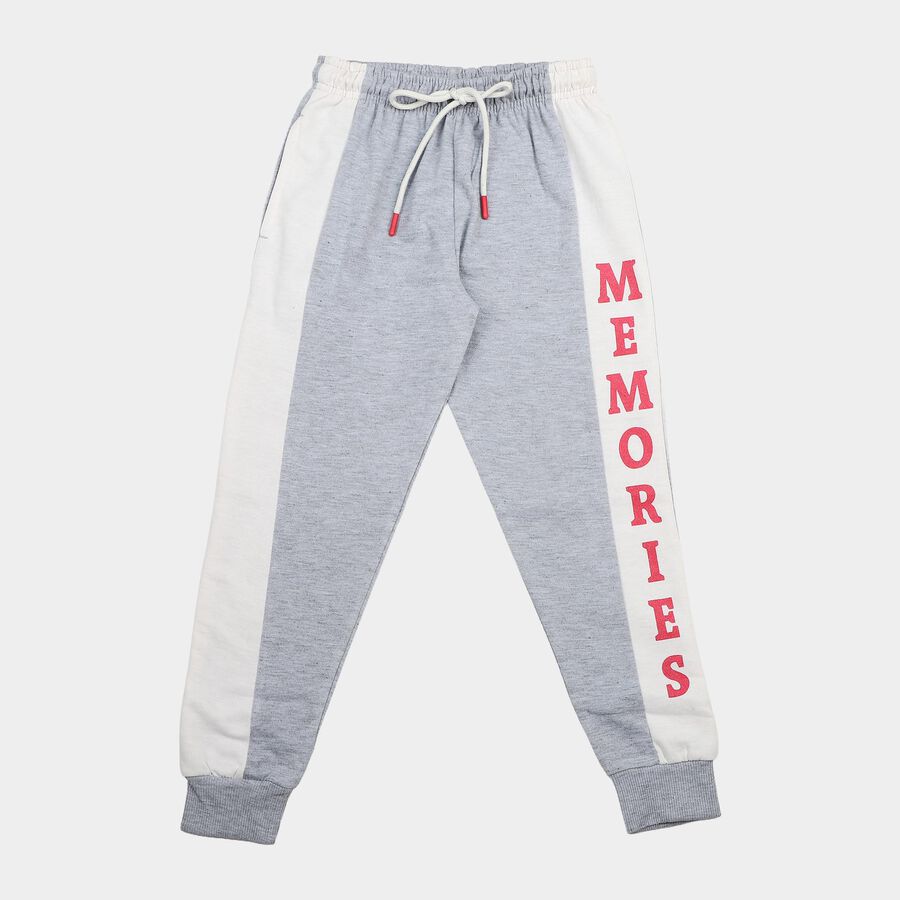 Girls' Grey Jogger Fit Typographic Print Pyjama, Light Grey, large