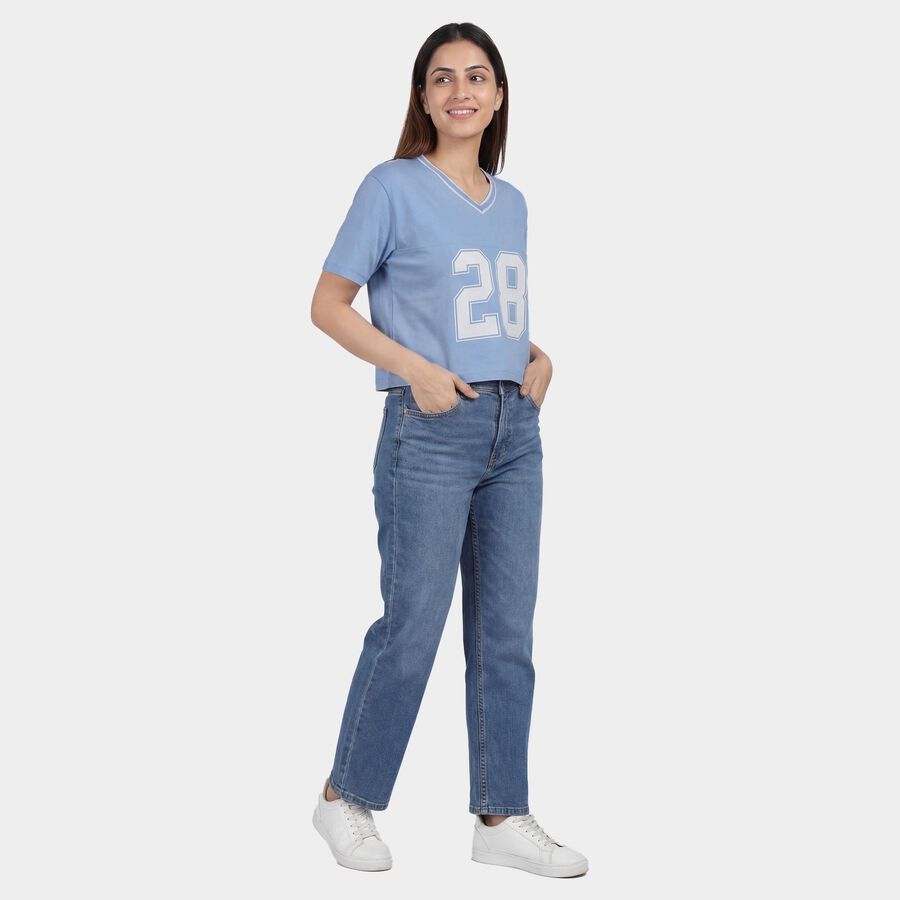 Women's Blue Cotton Round Neck Graphic T-Shirt, हल्का नीला, large