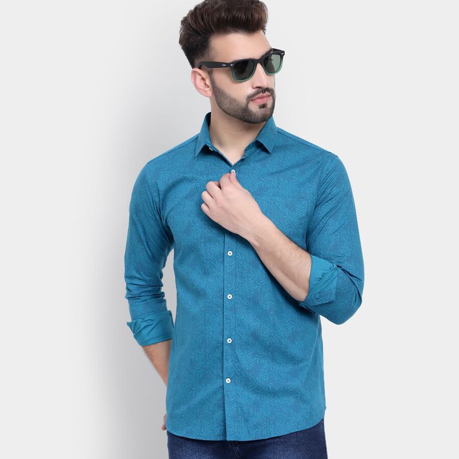 Cotton Printed Casual Shirt, Teal Blue, large image number null