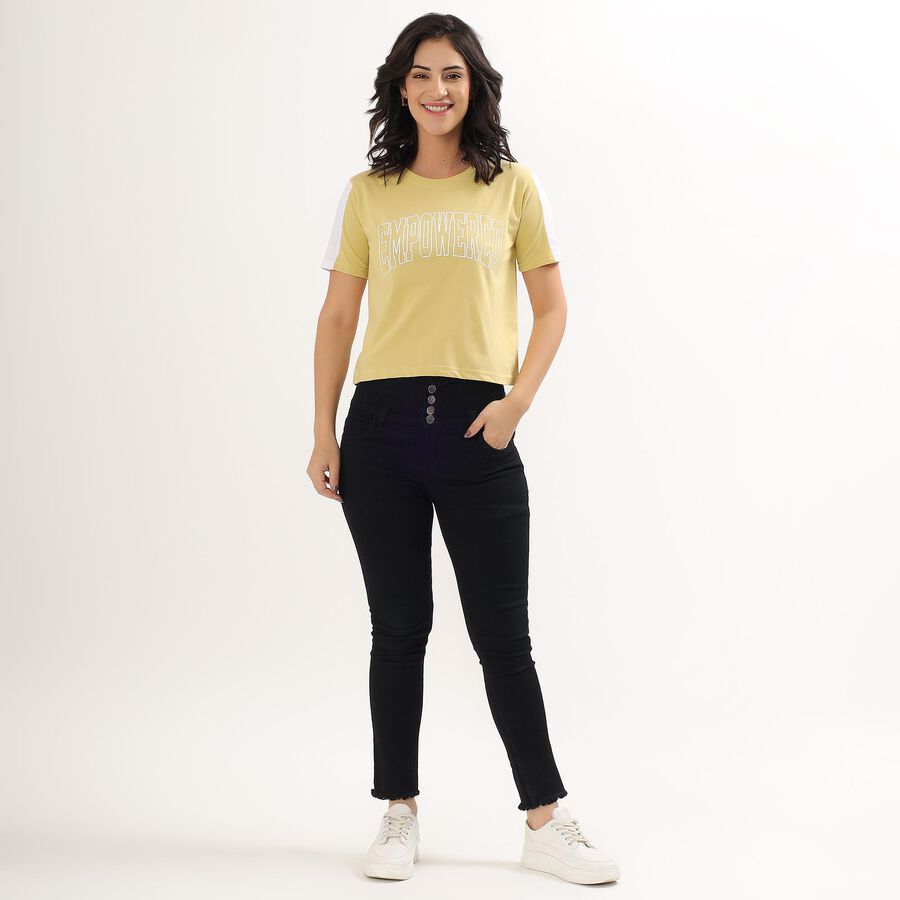 Women's Muted Yellow Round Neck Printed T-Shirt, खाकी, large image number null