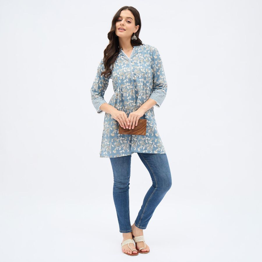 Women's Muted Powder Blue Cotton V-Neck Floral Printed Kurta, Light Grey, large image number null