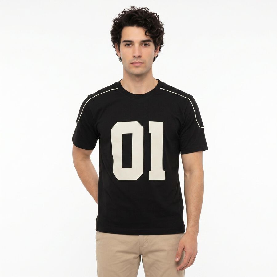 Men's Black Cotton Round Neck Regular T-Shirt, Black, large
