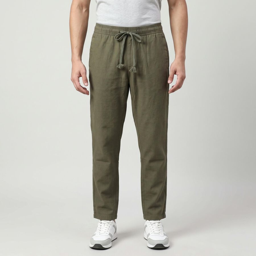 Men's Olive Green Slim Fit Drawstring Chino Trousers, ओलिव, large