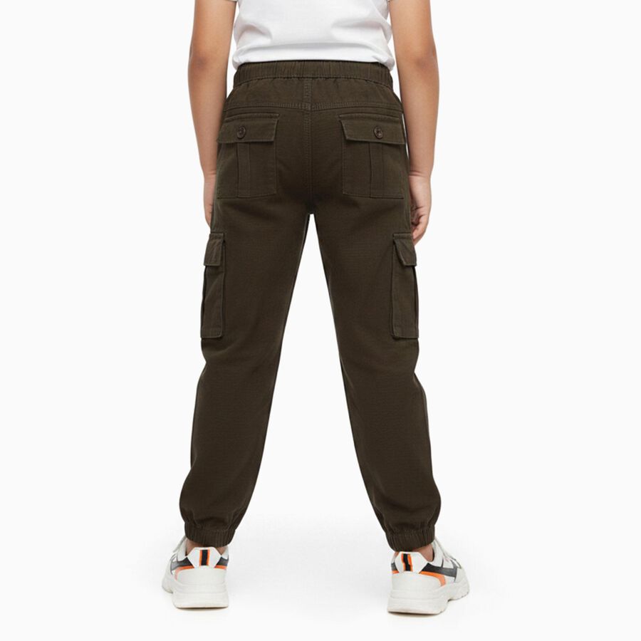 Boys' Dark Olive Green Cargo Fit Elastic Waist Trousers, ओलिव, large image number null