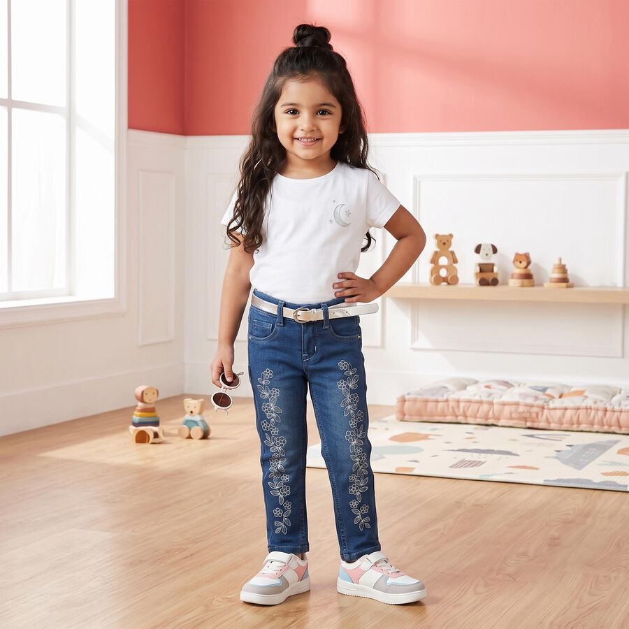 Girls Blue Straight Fit Embroidered Jeans, Mid Blue, large