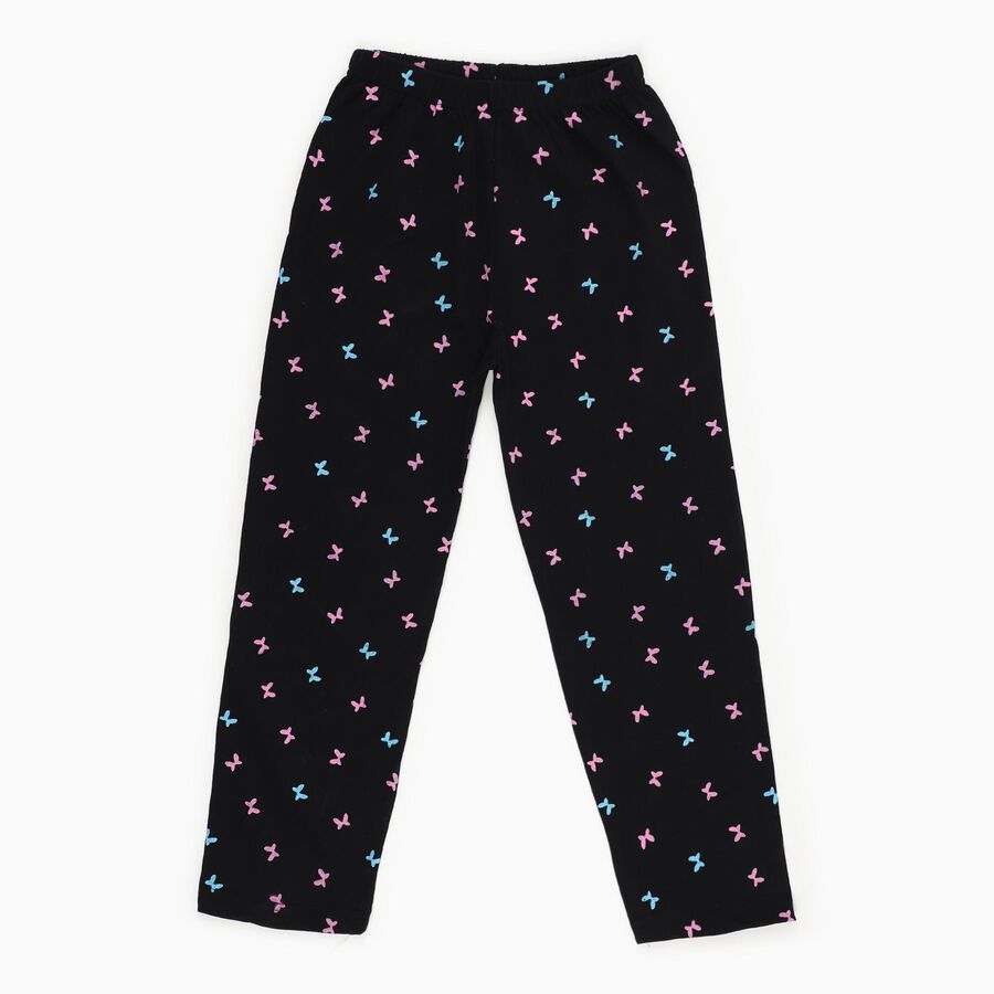 Girls' Black Butterfly Printed Cotton Blend Pyjama, काला, large image number null