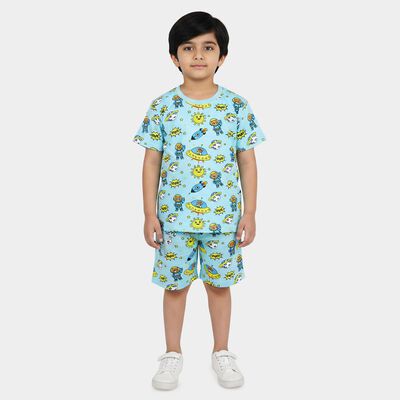 Boys Light Blue Cotton Round Neck Printed Night Suit