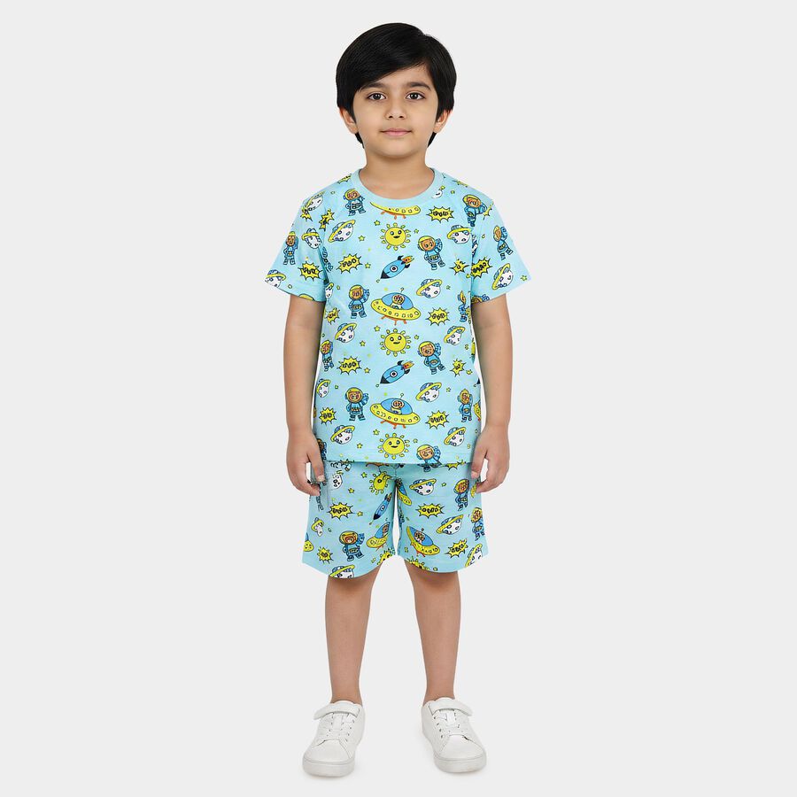 Boys Light Blue Cotton Round Neck Printed Night Suit, हल्का नीला, large