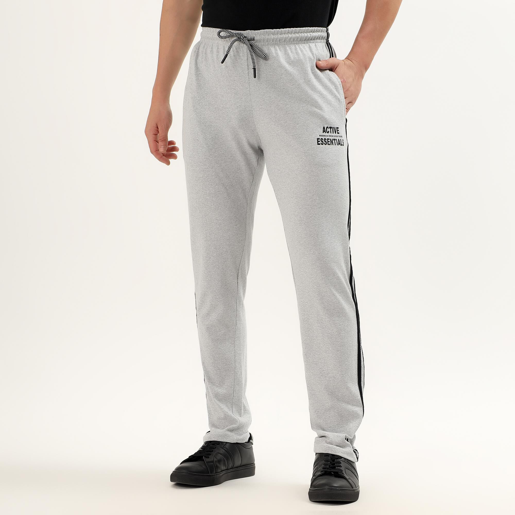 Brink Men's Light Grey Regular Fit Side-Striped Track Pants