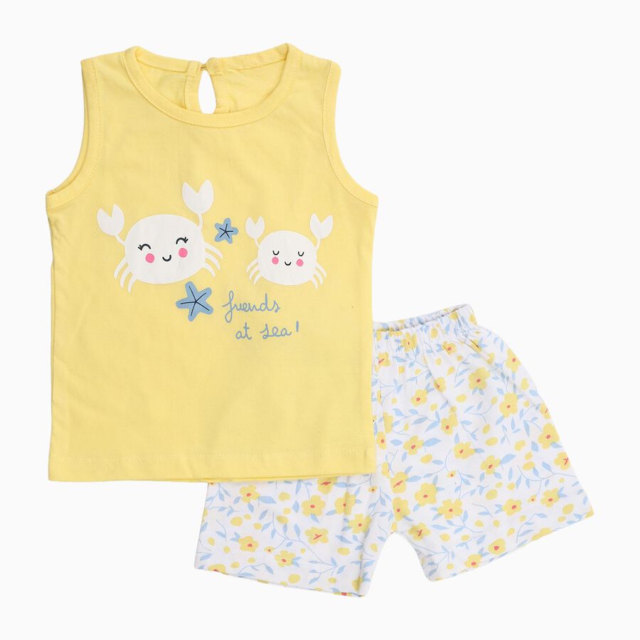 Infants' Light Yellow Cotton Sleeveless Top and Floral Shorts Set, Yellow, large image number null