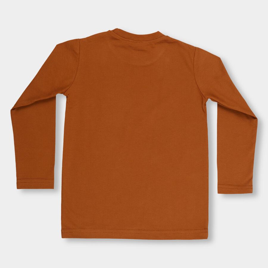 Boys' Warm Terracotta Brown Round Neck Casual T-Shirt, Brown, large image number null