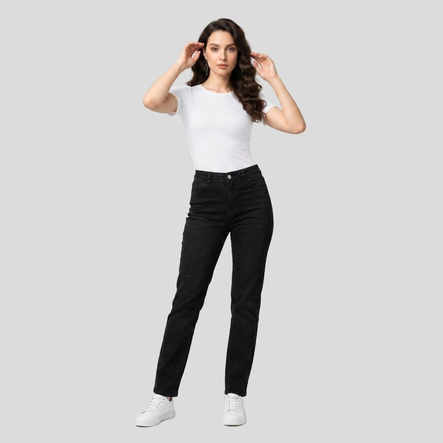 Women's Dark Grey Straight Fit Washed Jeans, Dark Grey, large