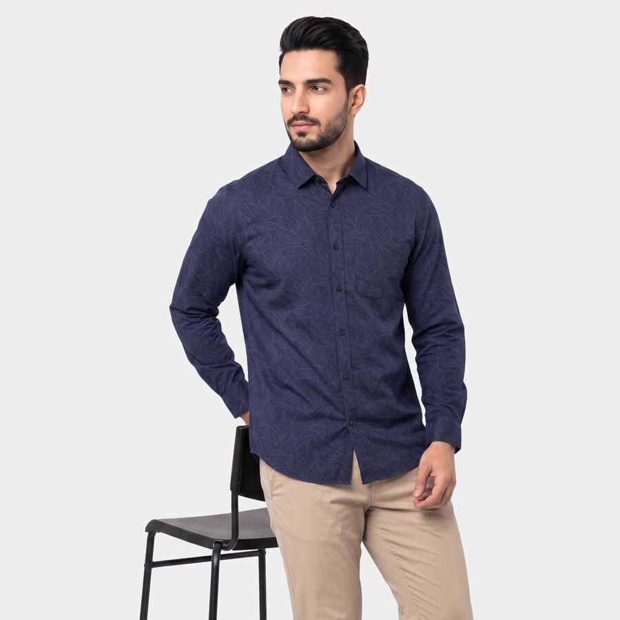 Men's Navy Blue Cotton Long Sleeve Spread Collar Shirt, नेवी ब्लू, large