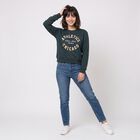 Women Green Crew Neck Pullover Sweatshirt, गहरा हरा, small