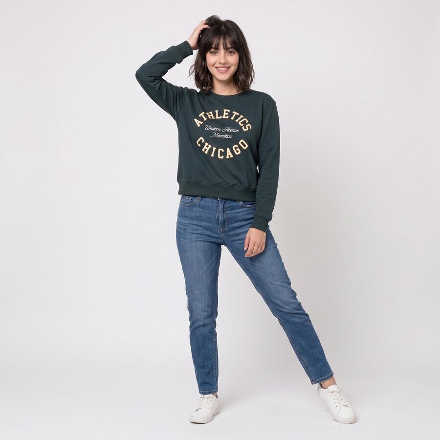 Women Green Crew Neck Pullover Sweatshirt, गहरा हरा, large