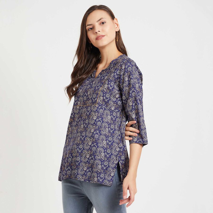 3/4Th Sleeves Straight Kurti, Navy Blue, large image number null