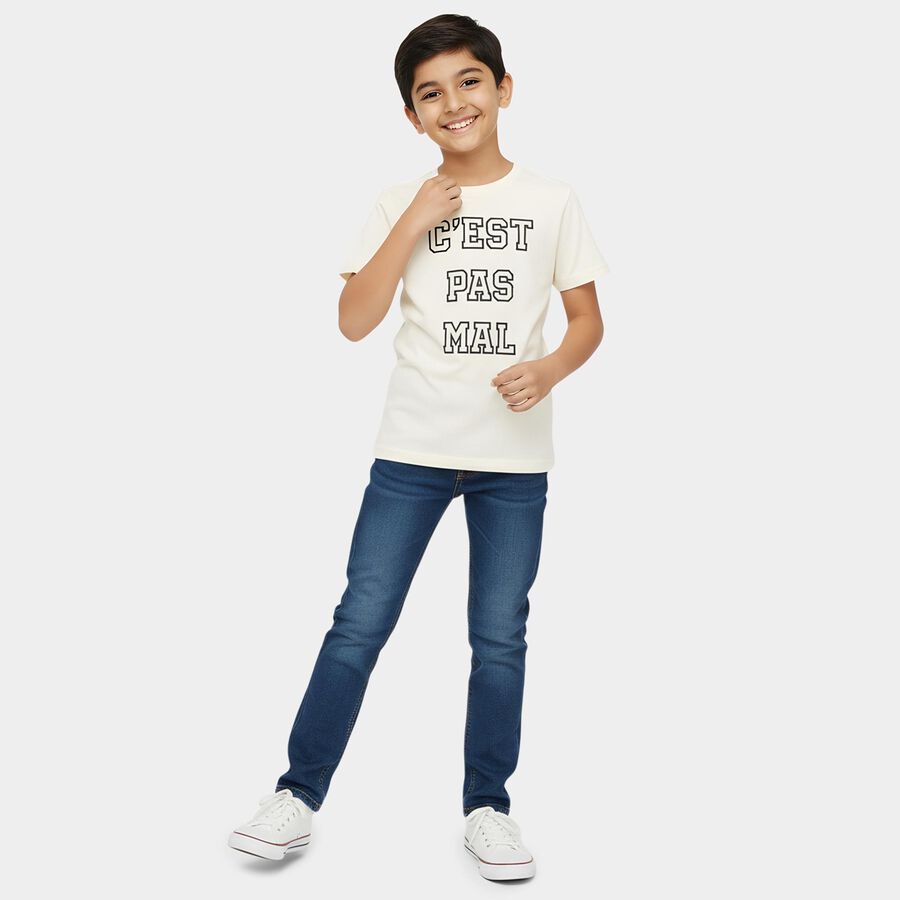Boys' White Round Neck Casual T-Shirt, सफ़ेद, large