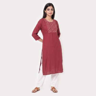 Women's Purple Round Neck Embroidered Kurta