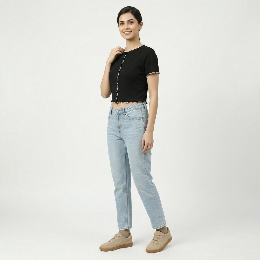 Women's Black Cotton Neck Top, Black, large
