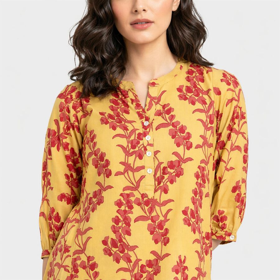 Women's Yellow Mandarin Collar Floral Printed Kurti, मस्टर्ड, large