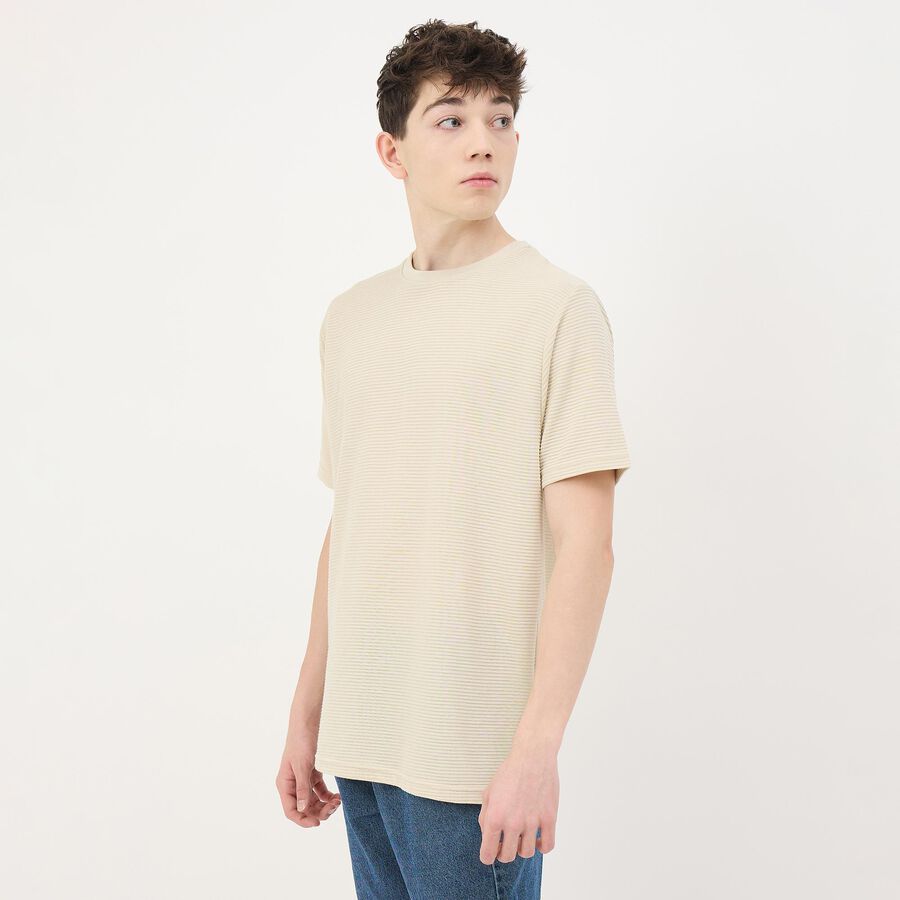 Men's Light Beige Round Neck Casual T-Shirt, Beige, large